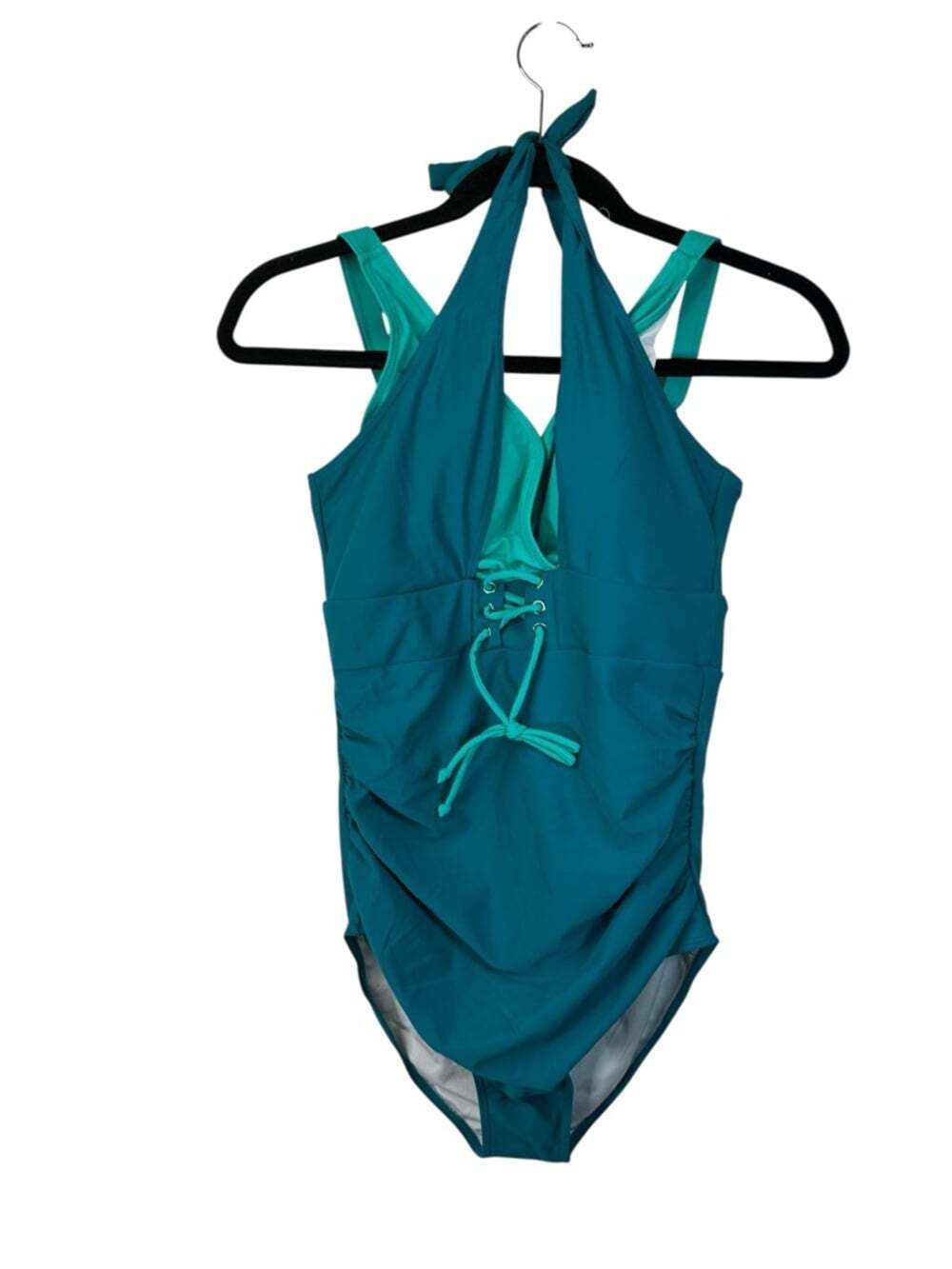 BloomChic Teal Aqua Halter One Piece Swimsuit Lace Up Beachwear Womens 10